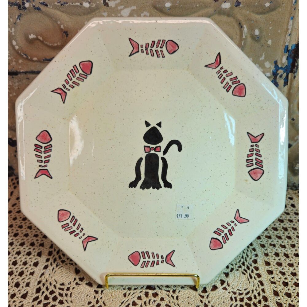 NWT Signed Octagonal Black Cat Plate Serving Platter Pottery Off White 10.25"
